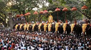 Kerala temple festival Manapullikavu Vela with elephants and fireworks